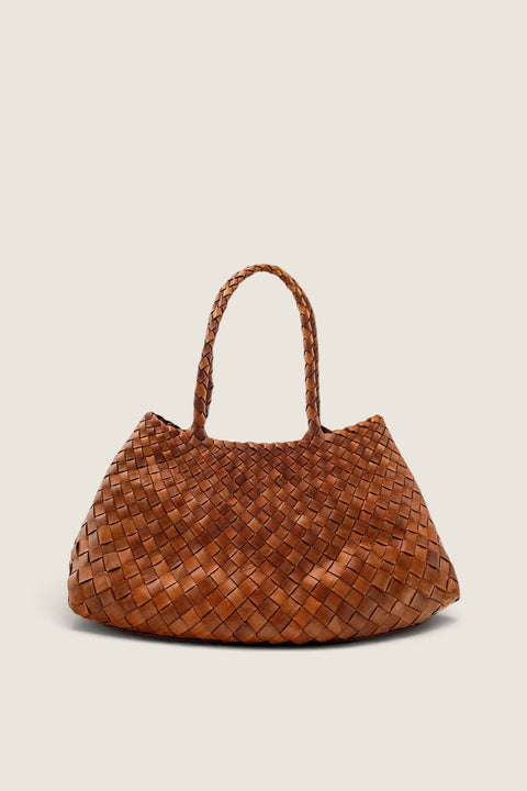 Bolina Santa Croce Big tan leather tote bag with an intricate woven design and open top construction.