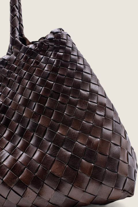 Bolina Santa Croce dark brown leather tote bag with intricate woven strap design and open top construction