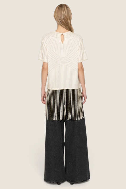 Bolina Sea New York Carlotta cream cotton top with hand-beaded graphic pattern and long fringe hem, back view