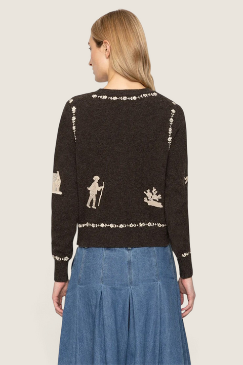 Bolina Sea New York coffee brown wool cardigan with folklore-inspired cream embroidery and floral patches on back