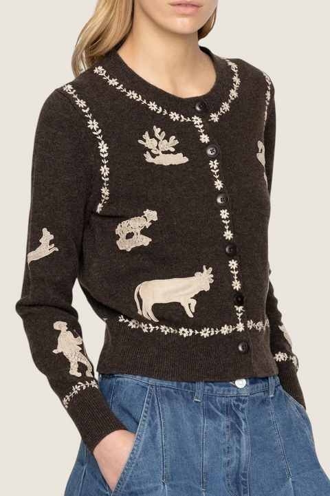 Bolina Sea New York coffee brown wool cardigan with cream folklore lace patches and floral embroidery on front and arms