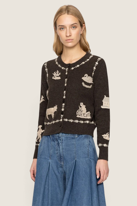 Bolina Sea New York coffee brown wool cardigan with folklore-inspired cream embroidery and button-up front
