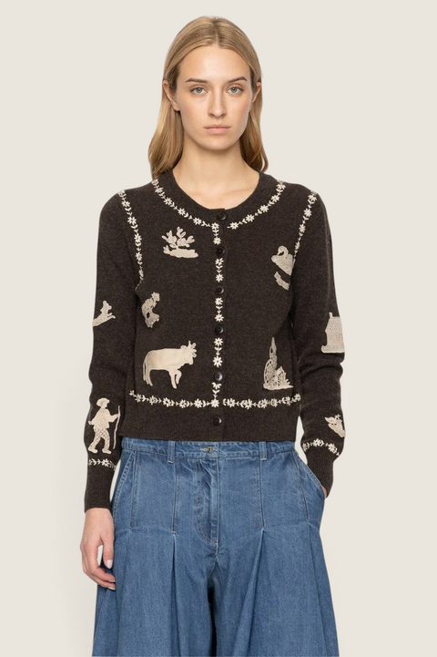 Bolina Sea New York Margeurite wool cardigan in coffee brown with folklore lace patches and floral embroidery