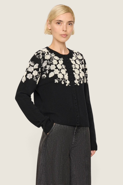 Bolina black wool Shiloh cardigan featuring white floral bead embroidery on the shoulders and chest