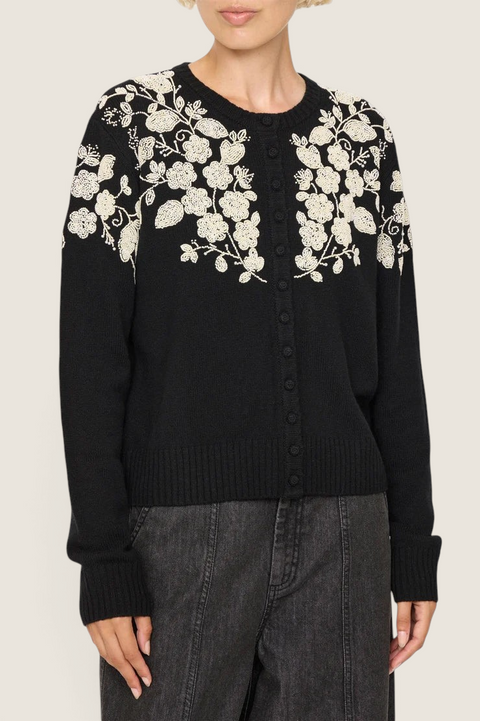 Bolina Shiloh black wool cardigan featuring intricate white floral bead embroidery on the shoulders and chest