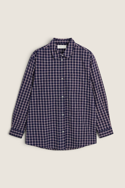 Bolina Skall Edgar oversized shirt in navy, white, and red organic cotton poplin with a classic check pattern.