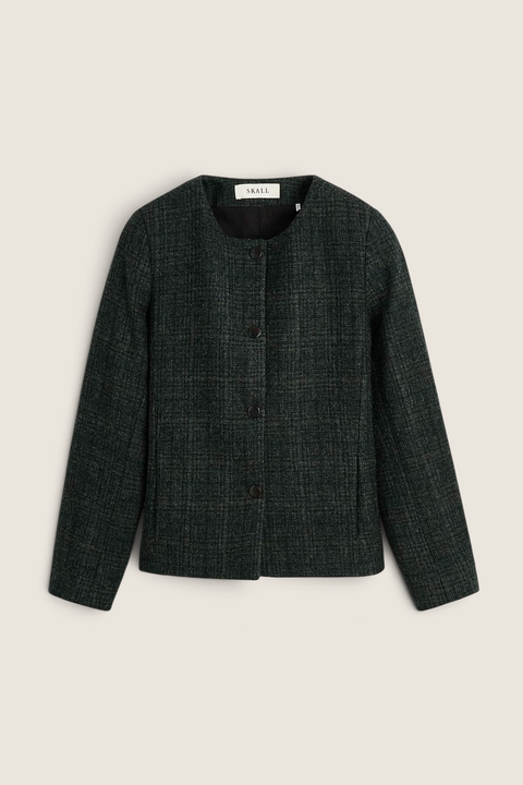 Bolina Skall Mabel short wool jacket in dark green check with a round neckline and front button closure.