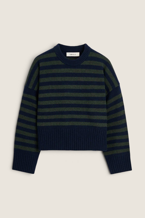 Bolina Skall Campa merino wool jumper in navy and dark green stripes with dropped shoulders and a cropped fit.