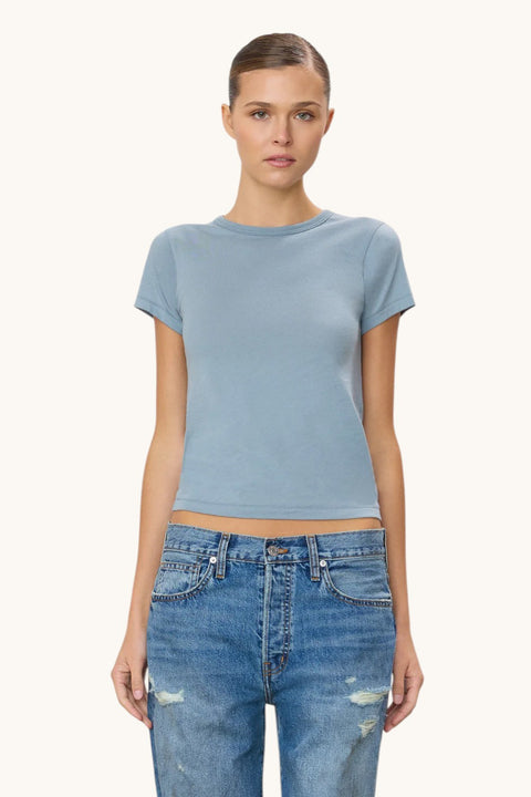 Bolina fitted crewneck t-shirt in slate blue. Soft cotton-modal blend with short sleeves and a cropped length.