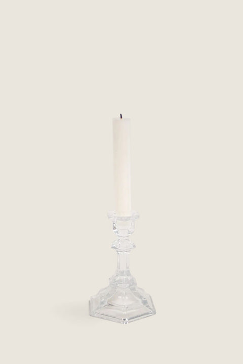 Bolina Sofia clear glass candlestick with a classic straight design holding a white taper candle
