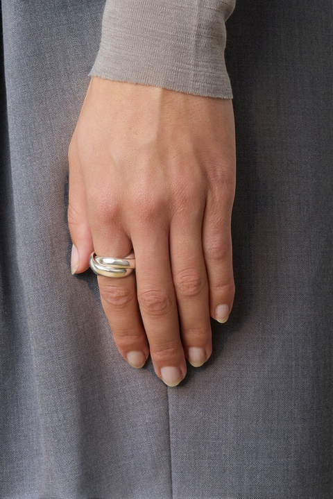 Bolina Sofie silver ring with a sculptural, overlapping design and polished finish worn on a hand