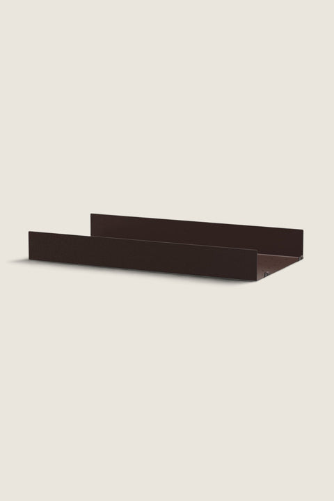 Bolina String metal shelf plate in dark brown with high edges and perforated surface for modular storage systems.