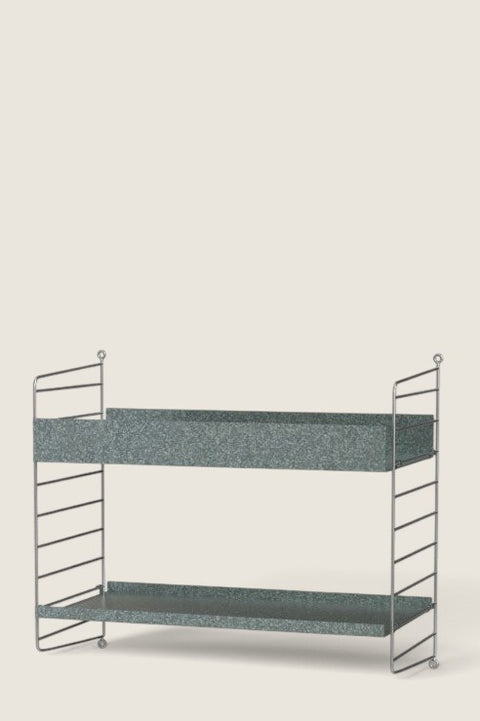 Bolina String System Outdoor D wall-mounted shelving unit with two galvanized metal shelves and wire side panels.