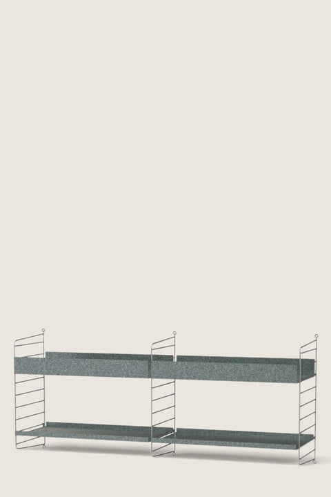 Bolina String System Outdoor F wall shelf in galvanized metal with high and low edge shelves for outdoor storage.