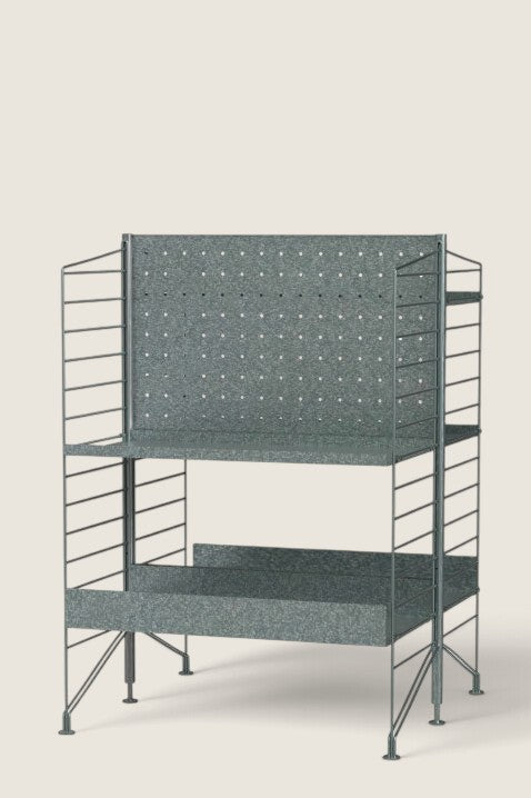 Bolina String System Outdoor J freestanding galvanized metal shelving unit with high and low edge shelves.