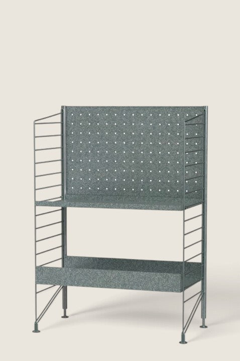 Bolina String System Outdoor I freestanding galvanized metal shelving unit with high and low edge shelves