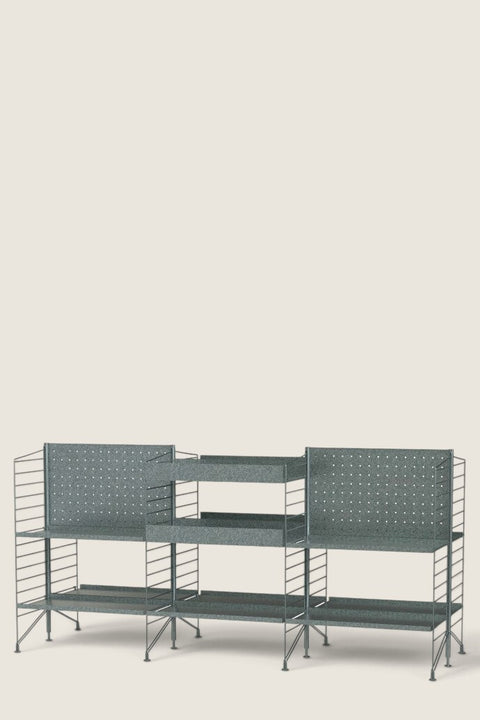 Bolina String System Outdoor N freestanding galvanized metal shelving unit with high and low edge shelves