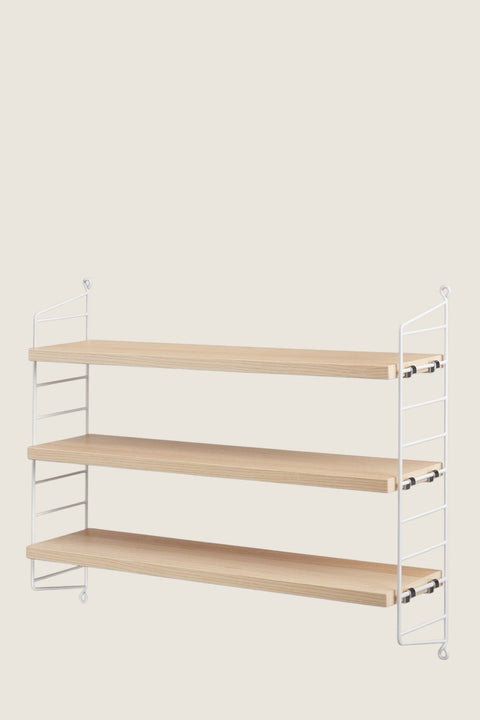 Bolina String Pocket wall shelf with three light ash wood shelves and white powder-coated steel side panels.
