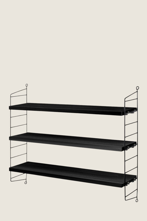 Bolina String Pocket shelf with three black stained ash wood shelves and black powder-coated steel wire side panels.