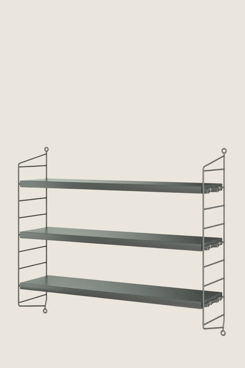 Bolina String Pocket shelf in dark grey with three metal shelves and wire side panels for wall mounting