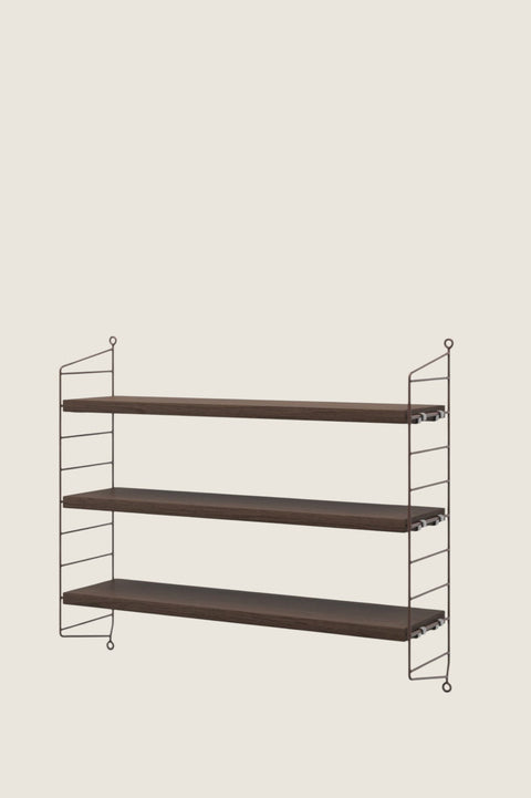 Bolina String Pocket wall shelf in dark oak with brown metal wire side panels, a timeless minimalist design.