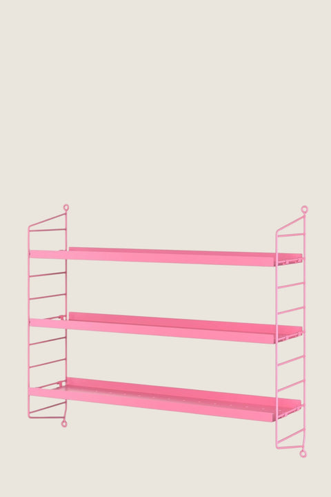 Bolina String Pocket wall shelf in fuchsia pink metal with three minimalist shelves for compact storage