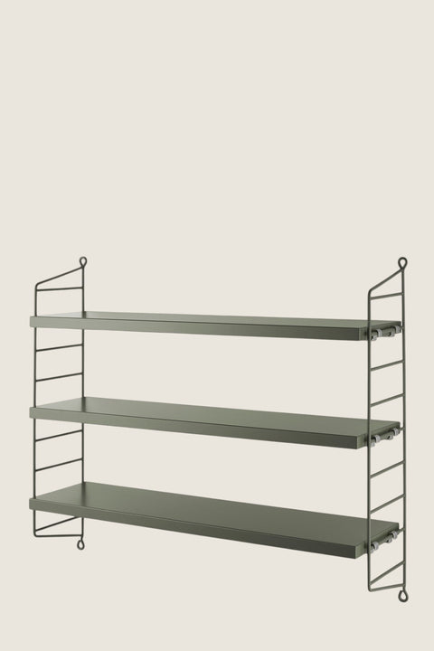 Bolina String Pocket wall shelf in sage green with three MDF shelves and powder-coated steel wire side panels.