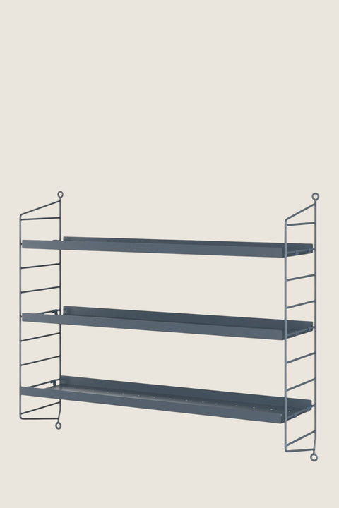 Bolina String Pocket shelf in Sergelgrå grey metal with three tiers and a minimalist Scandinavian design.