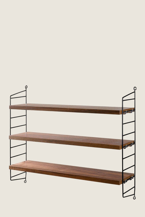Bolina String Pocket wall shelf with three walnut wood shelves and black powder-coated steel side panels
