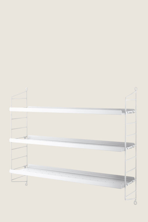 Bolina String Pocket wall shelf in white powder-coated steel with three shelves and wire side panels
