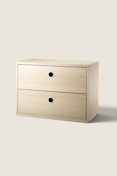Bolina String System 2-drawer storage unit in light ash wood veneer with circular pulls for modular shelving