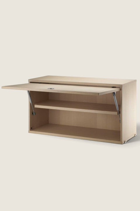 Bolina String System flip door cabinet in ash wood veneer with an adjustable internal shelf and open front door.