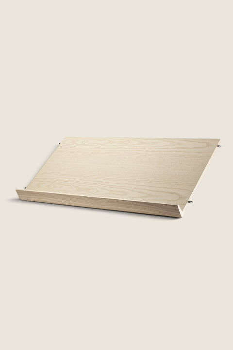 Bolina String System magazine shelf in light ash wood veneer, 78x30 cm, designed for display of books and magazines.