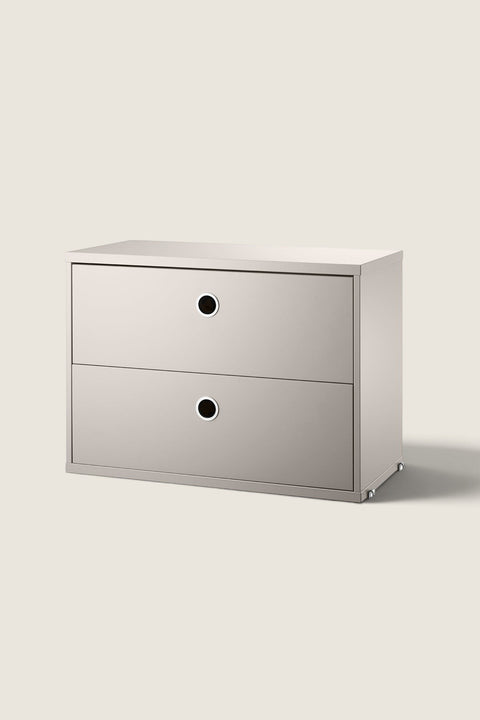 Bolina String System beige lacquered MDF drawer unit with two drawers and circular pulls for modular shelving
