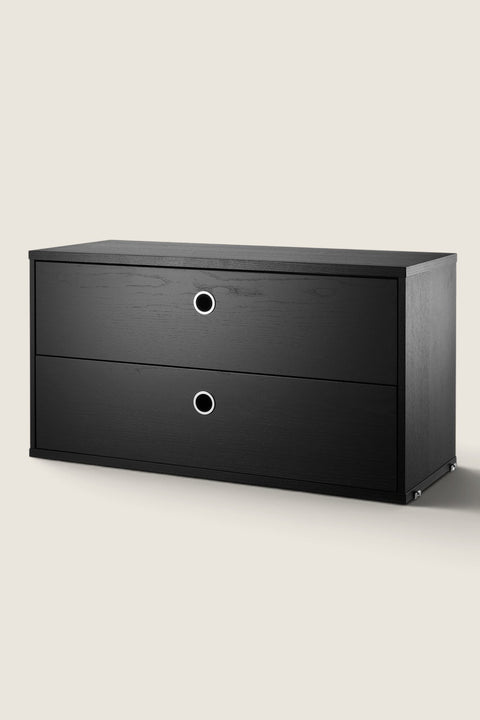 Bolina String System 2-drawer unit in black ash veneer with circular metal pulls for modular wall storage