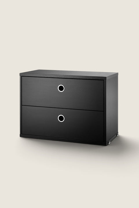 Bolina String System drawer unit in black ash veneer with two drawers and circular silver pulls