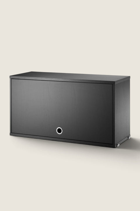 Bolina String System flip door cabinet in black ash veneer with a minimalist design for modular wall shelving.