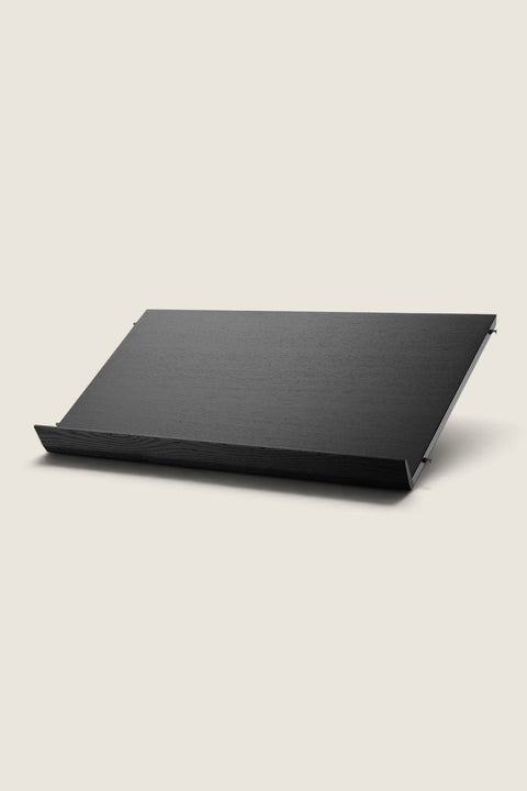 Bolina String System black ash veneer magazine shelf for 30cm deep panels, 78cm wide display ledge.