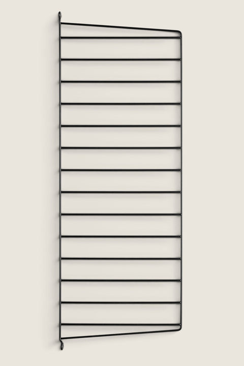 Bolina String System black powder-coated steel wall panel, 75cm high and 30cm deep, for modular shelving.
