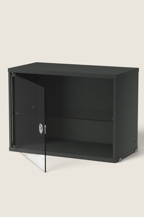 Bolina String System display cabinet in dark grey with a hinged glass door and internal shelf for storage.
