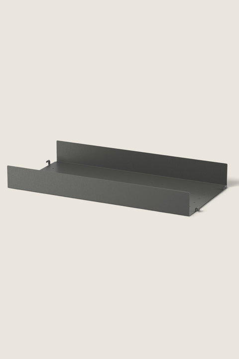 Bolina String System dark grey perforated metal shelf with high edges for modular wall storage