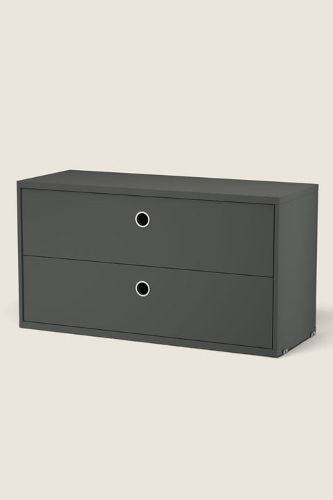 Bolina String System dark grey two-drawer storage unit with circular metal pulls for modular shelving