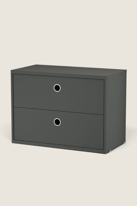 Bolina String System dark grey two-drawer storage unit with circular silver pulls for modular shelving
