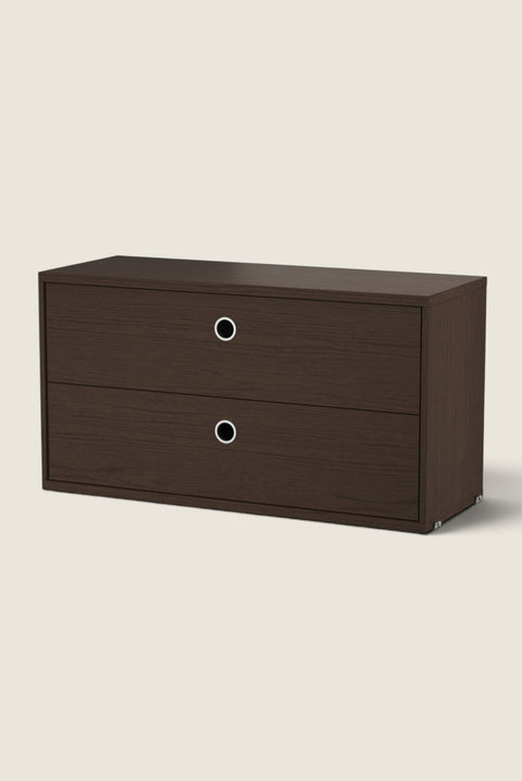 Bolina String System 2-drawer storage unit in dark oak wood finish with circular metal pulls for modular shelving.