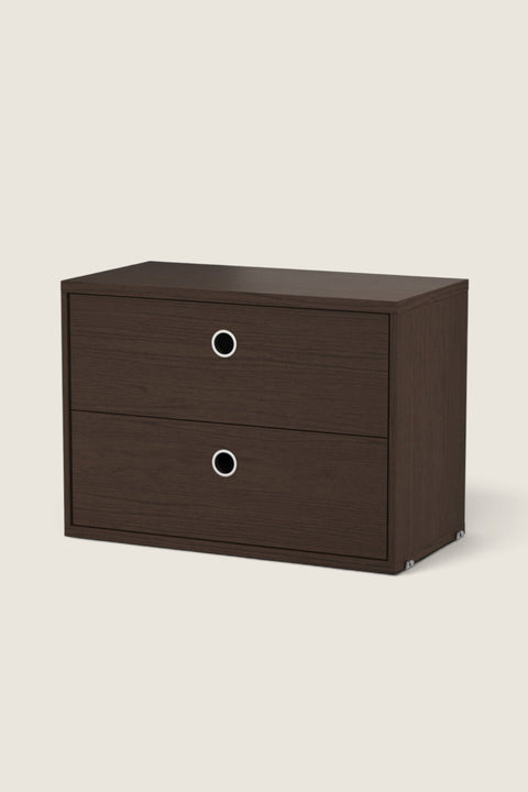 Bolina String System 2-drawer storage unit in dark oak wood with circular silver drawer pulls.