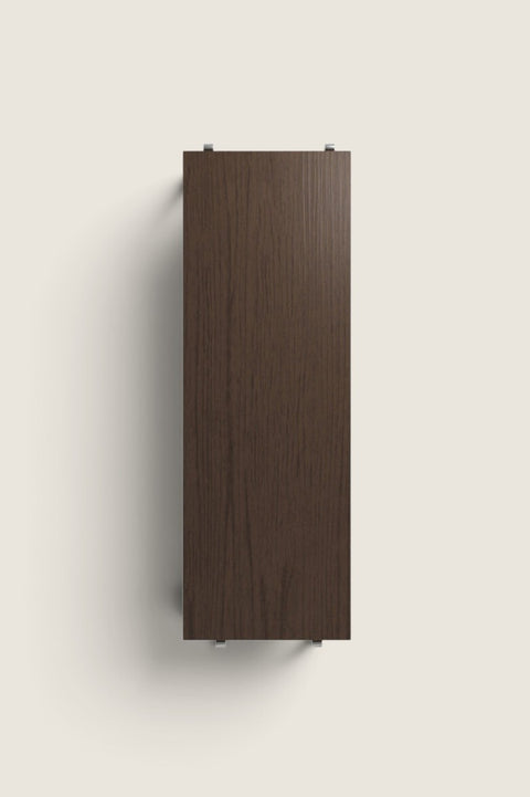 Bolina String System shelf board in dark oak wood, 58x20 cm, top-down view of a single rectangular wooden shelf.