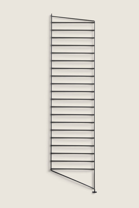 Bolina String System floor panel in black powder-coated steel, 115cm high and 30cm deep for modular shelving.