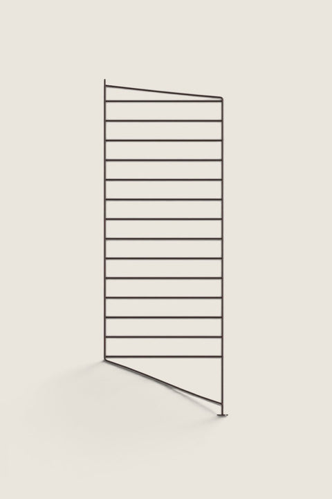 Bolina String System floor panel in dark brown, 85x30cm metal wire shelf side support for modular shelving units.