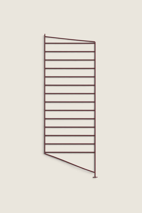 Bolina String System floor panel in dark red, 85cm tall and 30cm deep, minimalist wire shelving side support.