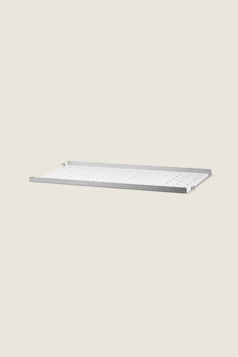 Bolina String System galvanized metal shelf with low 2cm edge, 58x30cm, designed for outdoor storage.